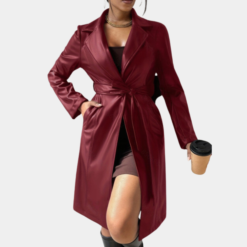 Street Wave Leather Look Long Coat For Women Belted Elegant Cozy Chic Fall Outerwear