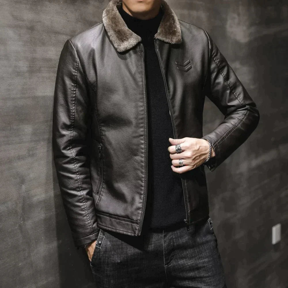 Street-wave Leather Jacket With Fleece Collar For Men Premium Warmth And Timeless Style