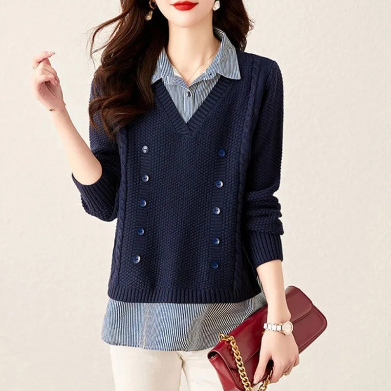 Street-Wave Women's Two Piece Knit Sweater With Collar For Elegant Layered Look Everyday Wear