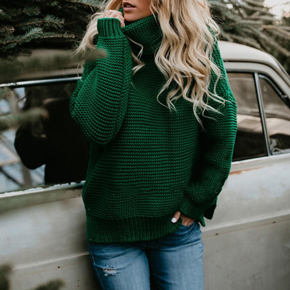 Street-wave Green Cozy Turtleneck Sweater for Women, Thick Knit, Loose Fit Warmth