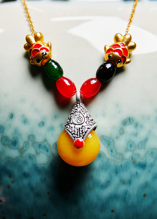 Collier pendentif en cire d'abeille de style national avec dorure de poisson 14 carats - Street-Wave