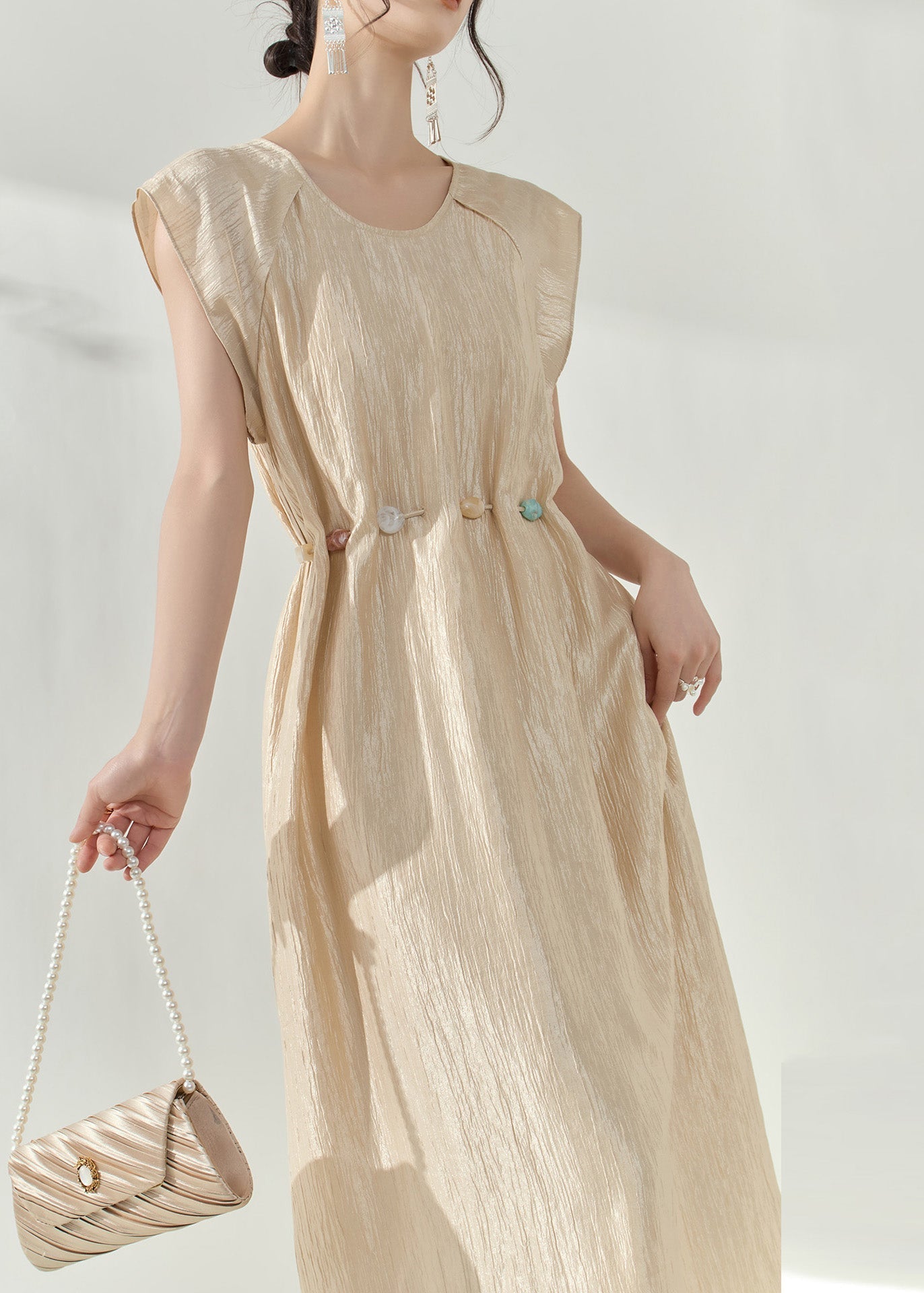 Robe longue slim patchwork champagne naturel pour l'été - Street-Wave