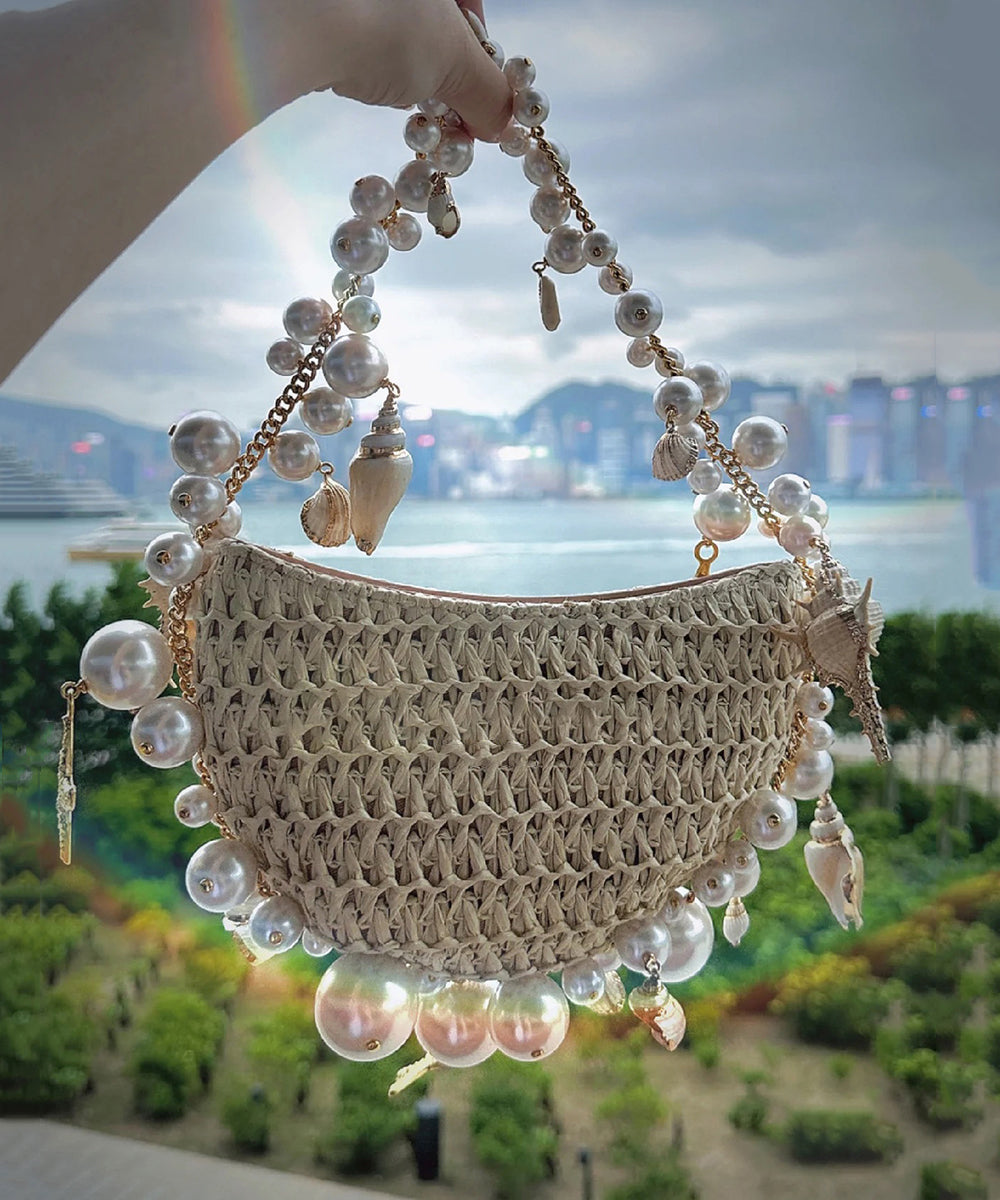 Nouveau sac cabas en paille tressée abricot avec perles - Street-Wave