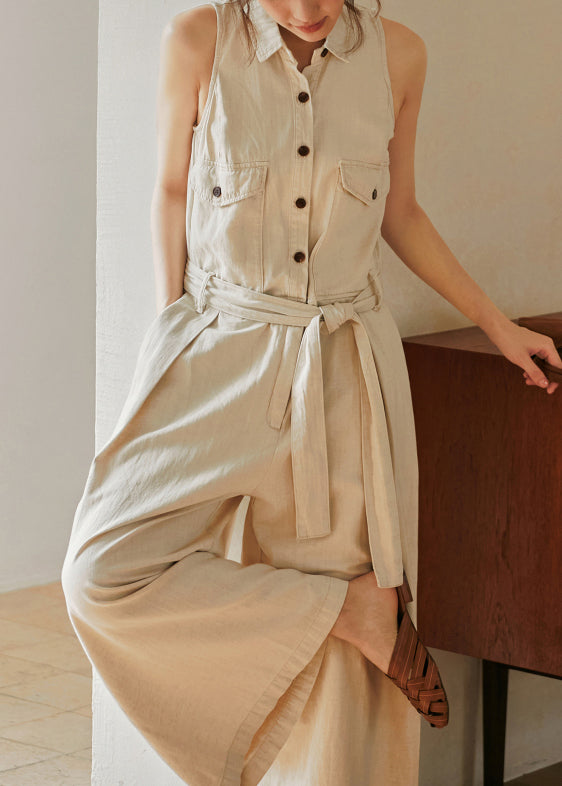 Nouvelle combinaison beige en coton à lacets et col Peter Pan, sans manches - Street-Wave