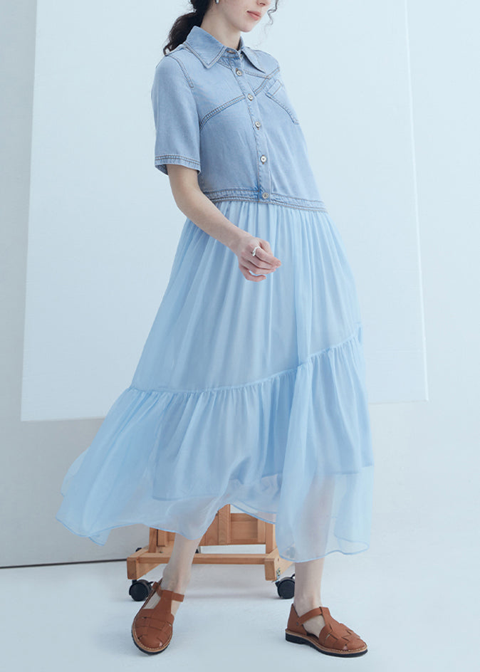Nouvelle robe d'été asymétrique en denim bleu à col Peter Pan et patchwork de soie - Street-Wave