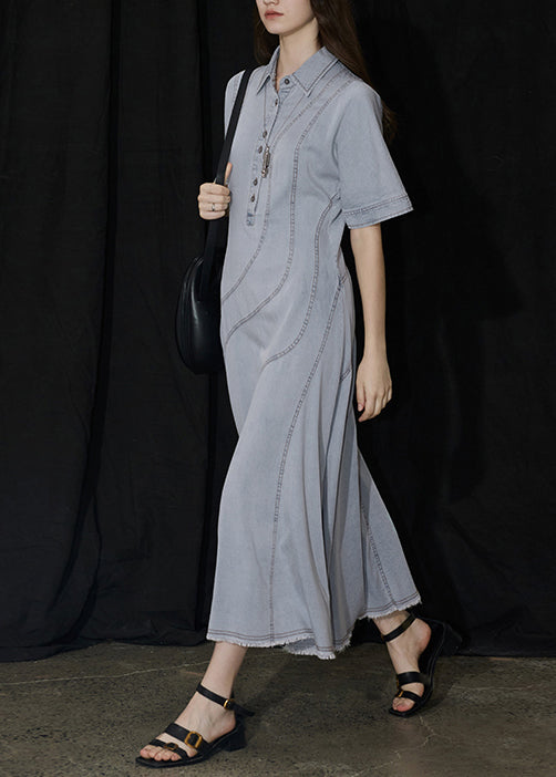 Nouvelles robes longues en denim bleu à col Peter Pan et patchwork pour l'été - Street-Wave