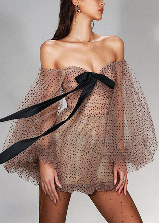 Nouvelles mini-robes en tulle à pois kaki et épaules dénudées, manches lanternes - Street-Wave