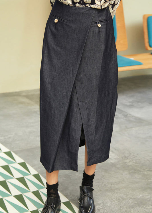 Nouvelles jupes en jean bleu marine asymétriques ouvertes sur le devant pour l'automne - Street-Wave