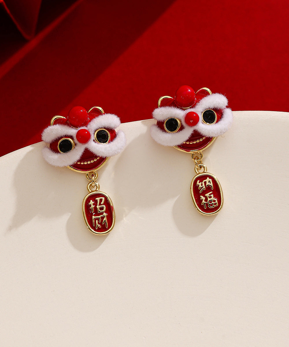 Boucles d'oreilles pendantes en cuivre rouge 14 carats en or 14 carats avec motif de danse du lion - Street-Wave