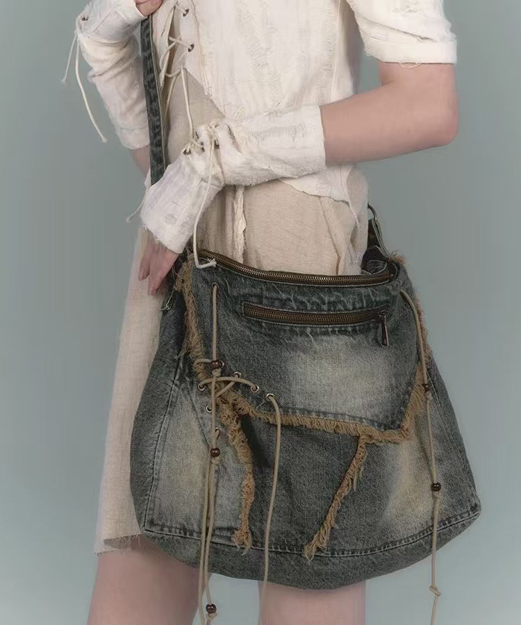 Nouveau sac messager rétro en denim bleu marine avec bordure à franges, grande capacité - Street-Wave