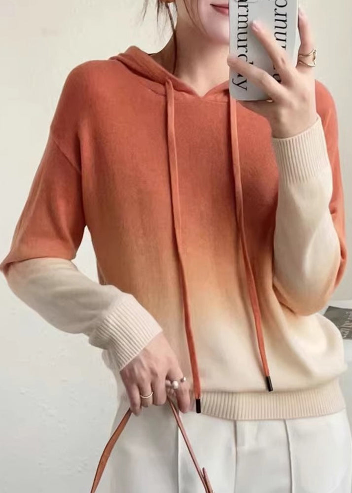 Street-wave Gradient Patchwork Wool Knit Hoodie For Women Cozy Autumn Warmth With Colorful Fade