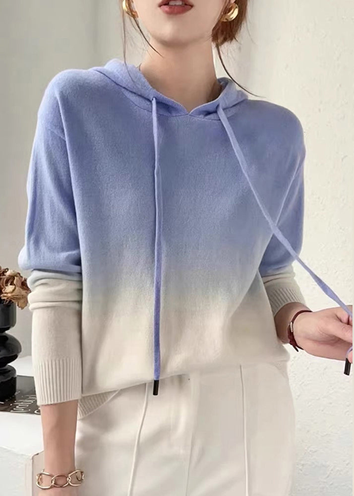 Street-wave Gradient Patchwork Wool Knit Hoodie For Women Cozy Autumn Warmth With Colorful Fade