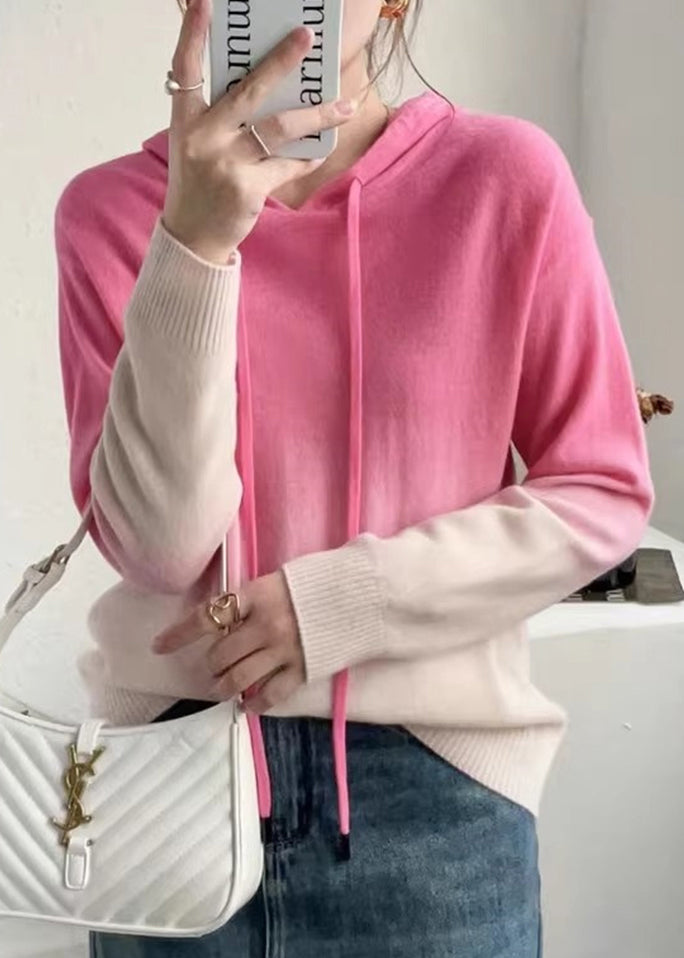 Street-wave Gradient Patchwork Wool Knit Hoodie For Women Cozy Autumn Warmth With Colorful Fade