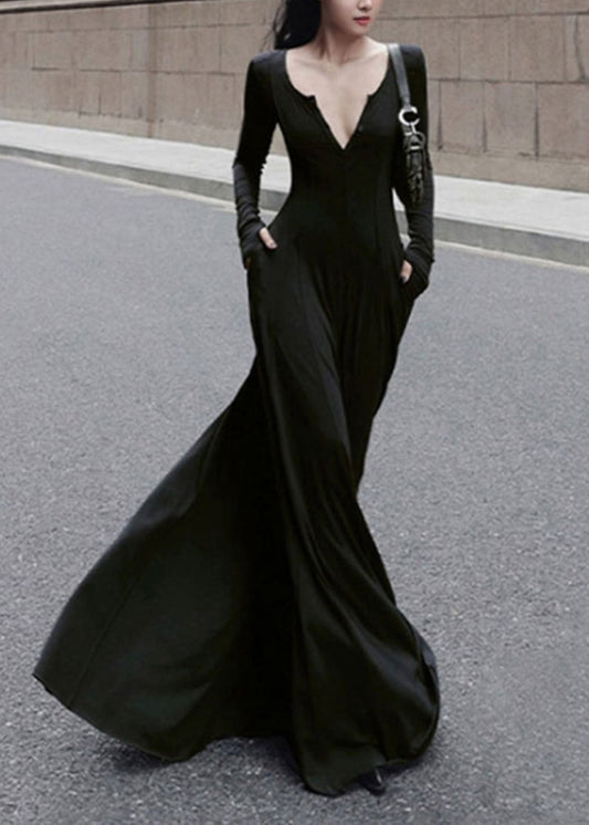 Nouvelle robe longue simple noire en coton à col en V et coupe ajustée, printemps - Street-Wave