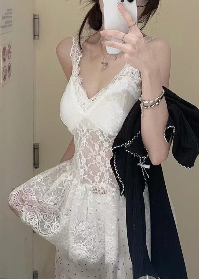 Ensemble deux pièces blanc sans manches avec débardeur en dentelle et cardigan en tricot - Street-Wave