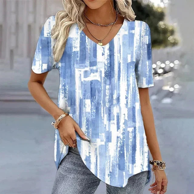 Women's Striped V-Neck Top with Short Sleeves and Soft Fabric