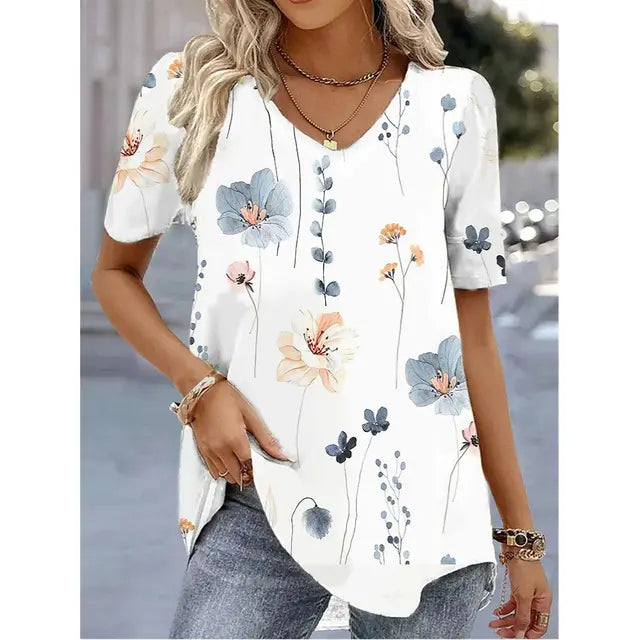 Women's Striped V-Neck Top with Short Sleeves and Soft Fabric