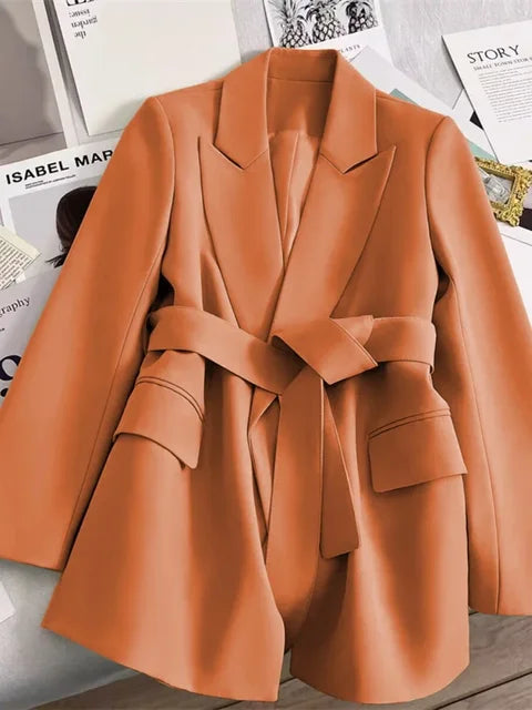 Street-Wave Belted Womens Blazer Elegant Black Suit Jacket For Professional Women