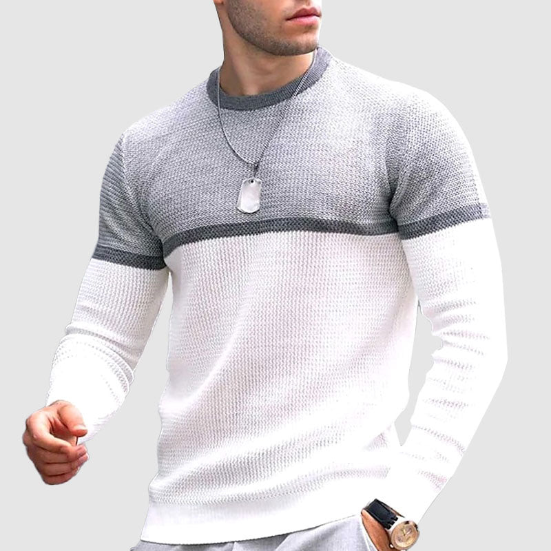 Joshua Wool Slim Fit Color Block Crewneck Sweater For Men Textured Knit Winter Pullover