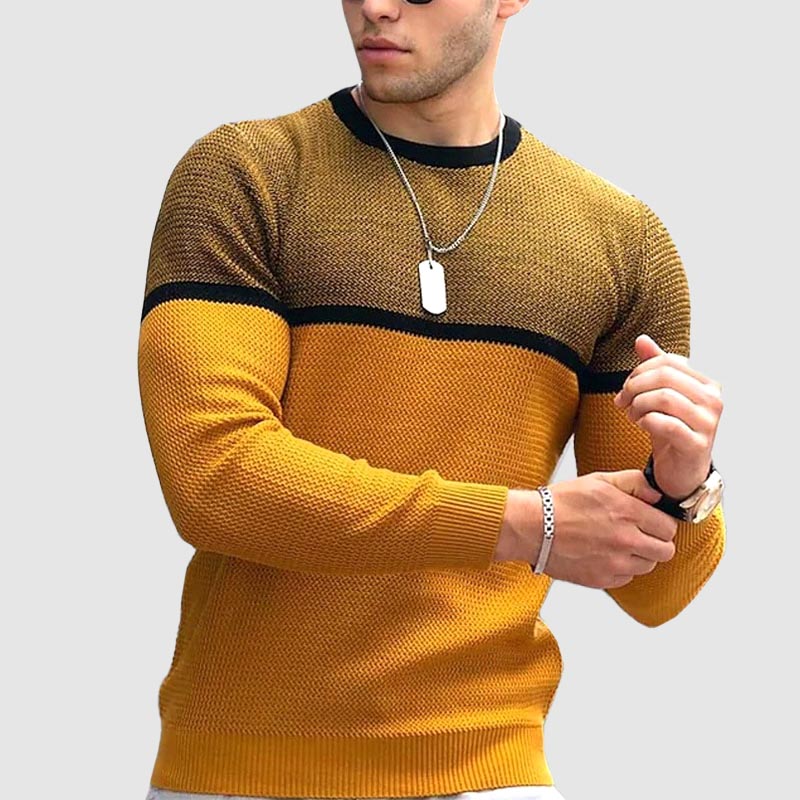 Joshua Wool Slim Fit Color Block Crewneck Sweater For Men Textured Knit Winter Pullover
