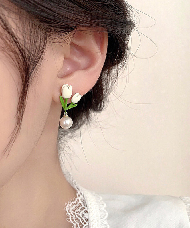 Boucles d'oreilles tulipes en alliage d'argent sterling et perles pour femmes - Street-Wave