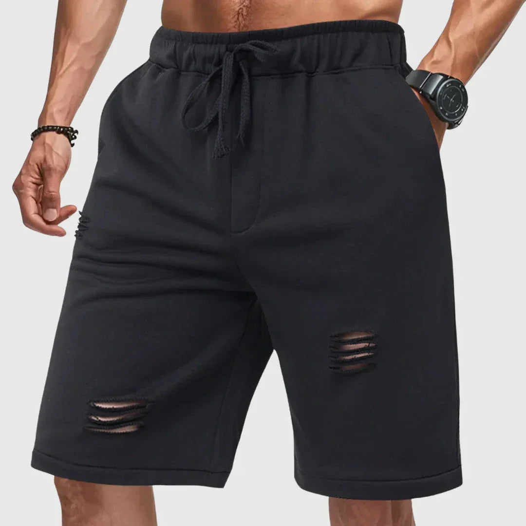 Nick Distressed Drawstring Jogger Shorts For Men With Relaxed Fit And Ripped Detailing