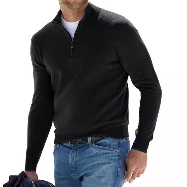 Street-Wave Men's Wool Knit Pullover Sweater With Zip Neck Regular Fit Ribbed Cuffs Hem