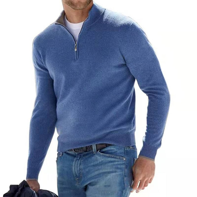 Street-Wave Men's Wool Knit Pullover Sweater With Zip Neck Regular Fit Ribbed Cuffs Hem