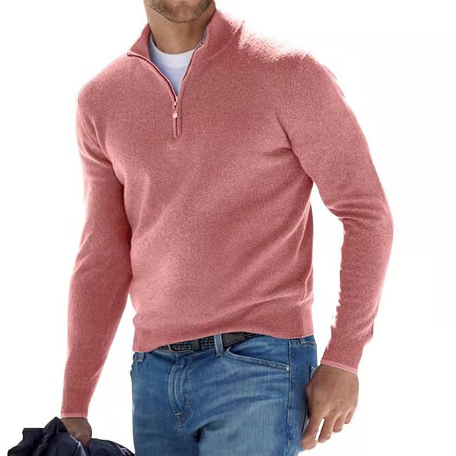 Street-Wave Men's Wool Knit Pullover Sweater With Zip Neck Regular Fit Ribbed Cuffs Hem