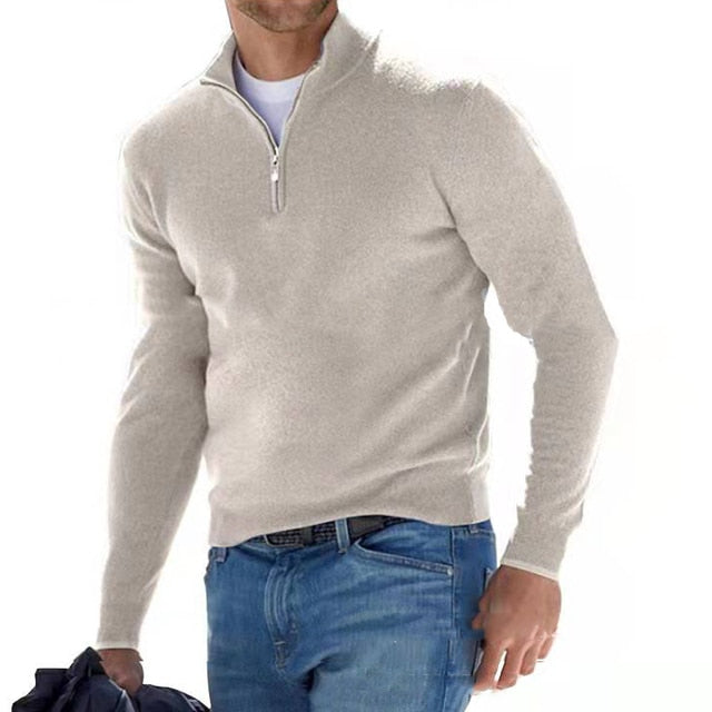 Street-Wave Men's Wool Knit Pullover Sweater With Zip Neck Regular Fit Ribbed Cuffs Hem