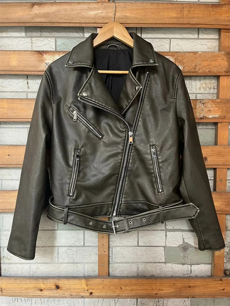 Street-wave Womens Leather Biker Jacket With Zip Front And Belted Hem Vintage Chic Streetwear For Fashion Forward Women