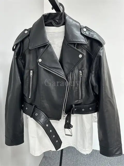 Street-wave Womens Leather Biker Jacket With Zip Front Vintage Inspired Modern Streetwear For Fashion Lovers