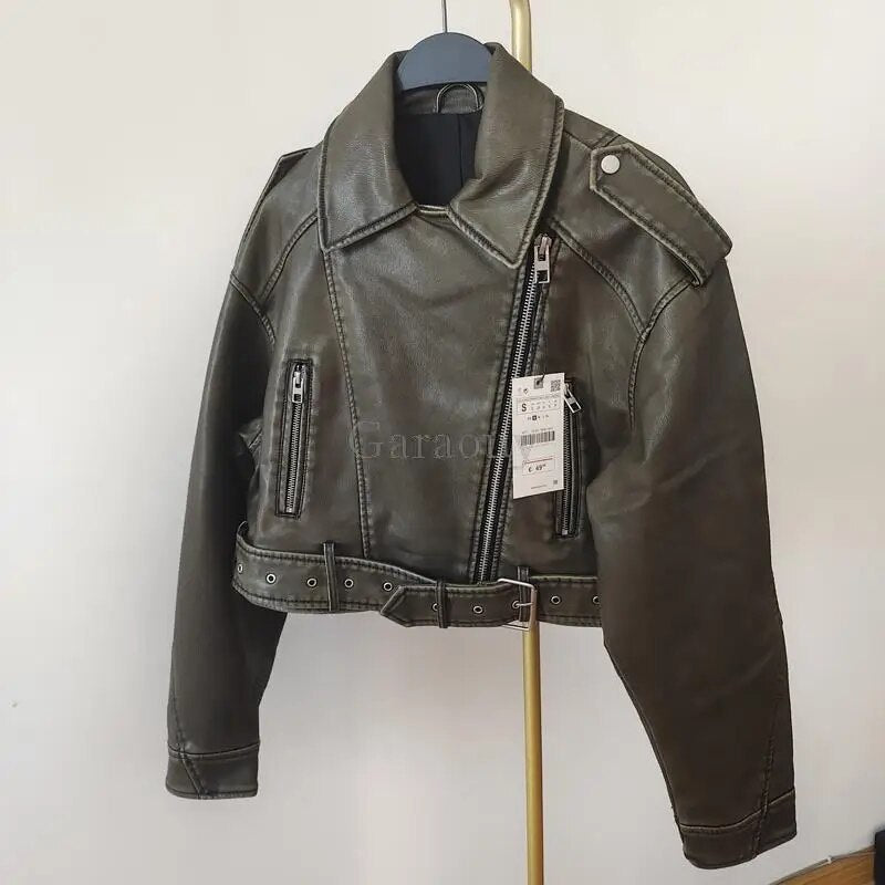 Street-wave Womens Leather Biker Jacket With Zip Front Vintage Inspired Modern Streetwear For Fashion Lovers