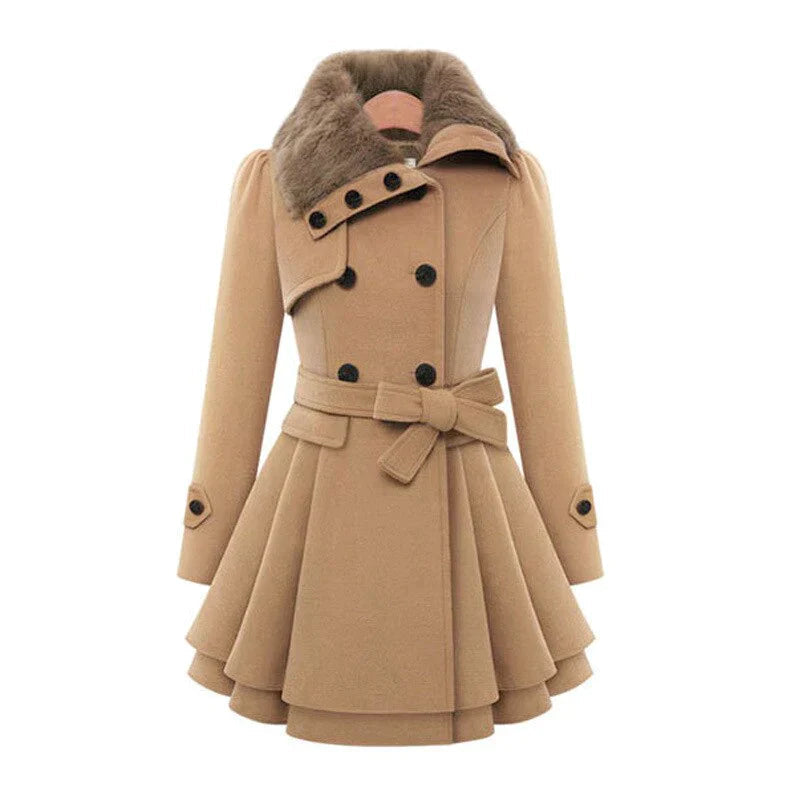 Street Wave Womens Trench Coat With Vegan Fur Collar Warm Stylish Winter Outerwear For Modern Women