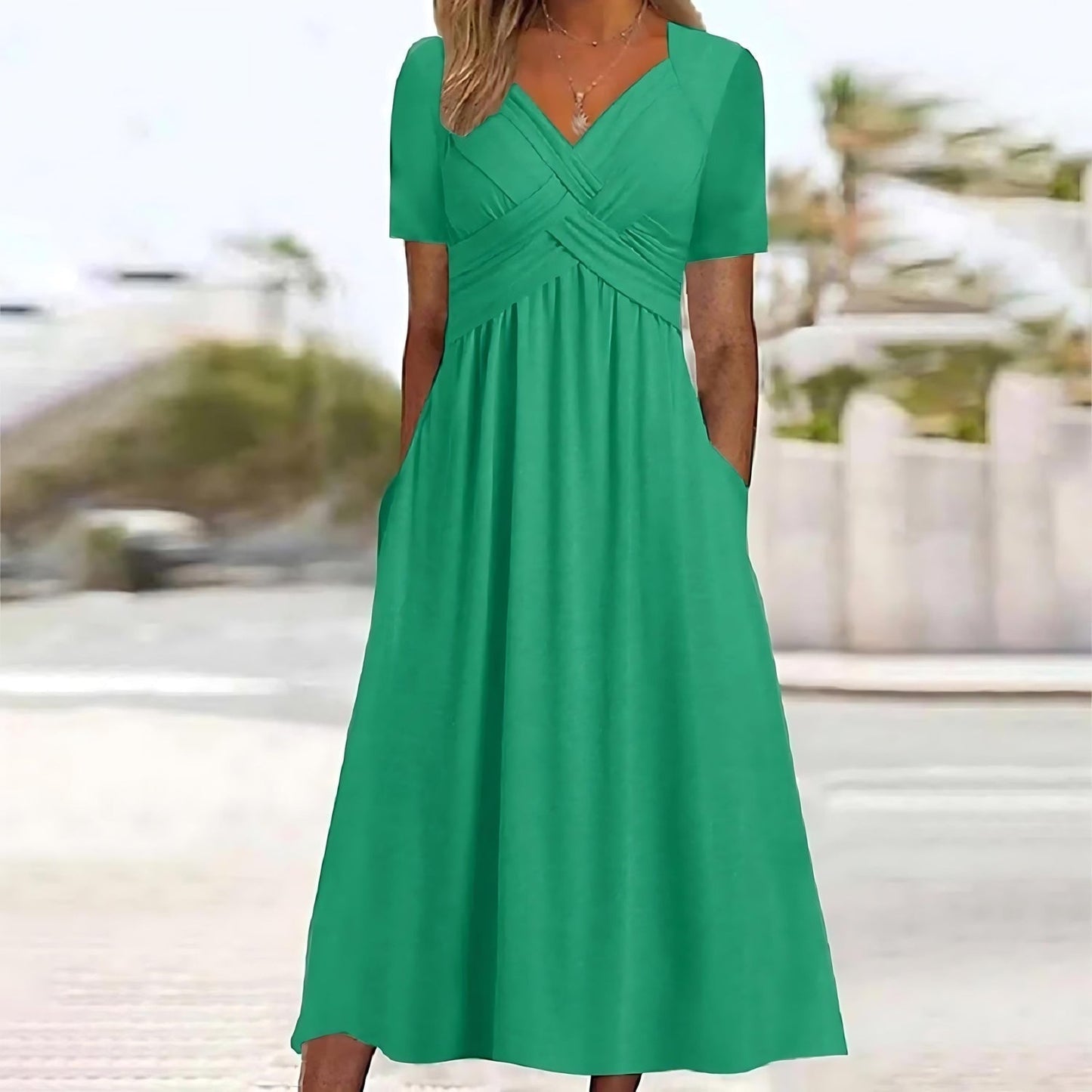 Streetwave Women Midi Dress Short Sleeve With V Neck Wrap Silhouette Soft Flowing Fabric All Occasion