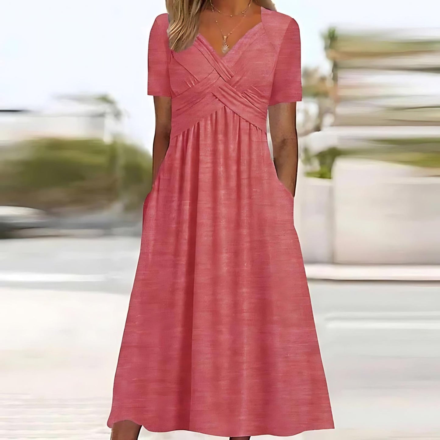 Streetwave Women Midi Dress Short Sleeve With V Neck Wrap Silhouette Soft Flowing Fabric All Occasion