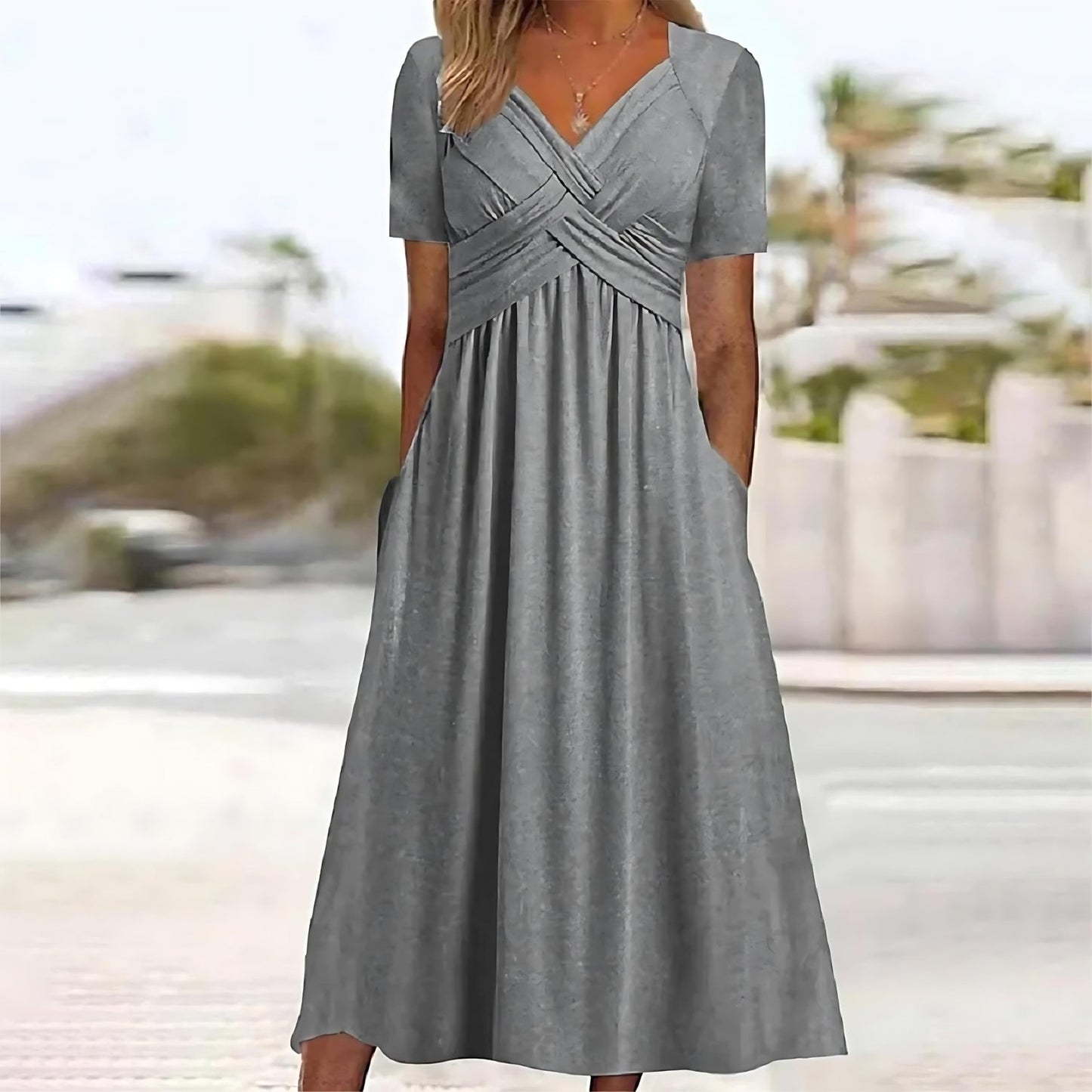Streetwave Women Midi Dress Short Sleeve With V Neck Wrap Silhouette Soft Flowing Fabric All Occasion