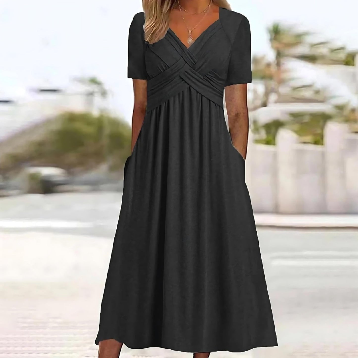 Streetwave Women Midi Dress Short Sleeve With V Neck Wrap Silhouette Soft Flowing Fabric All Occasion