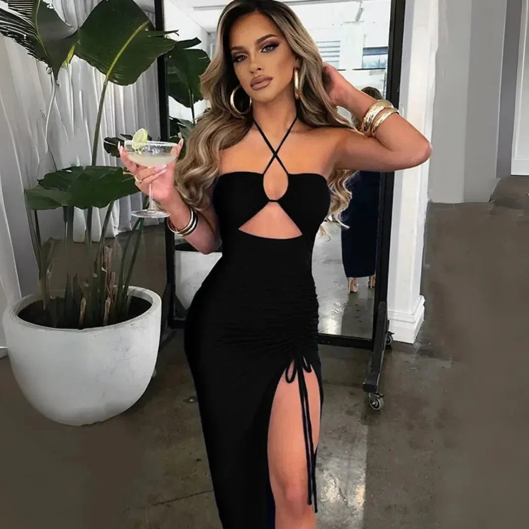 Nova Elegant Maxi Dress Waylynn Ruched Front Slit Halter Evening Wear For Women