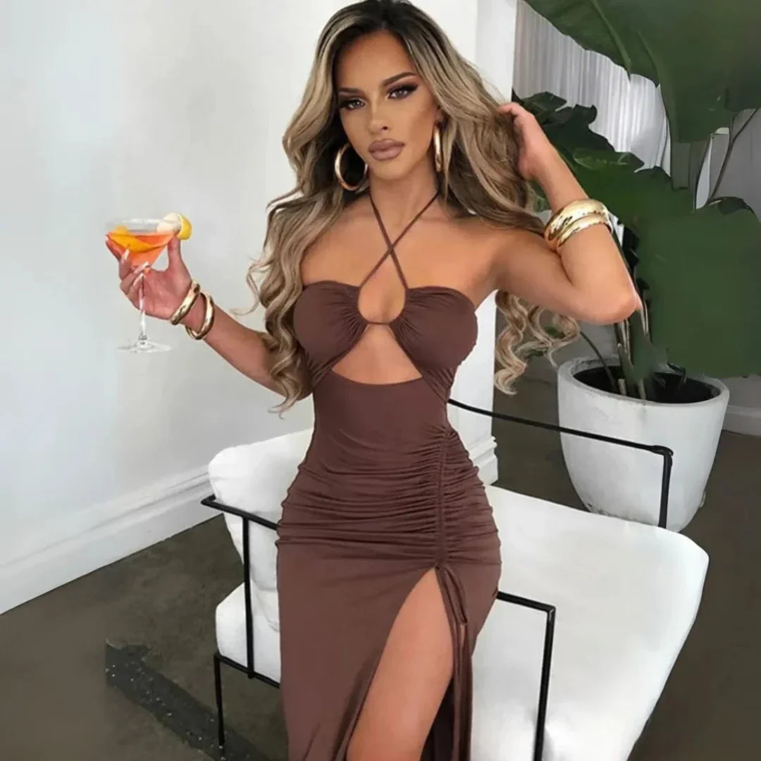 Nova Elegant Maxi Dress Waylynn Ruched Front Slit Halter Evening Wear For Women