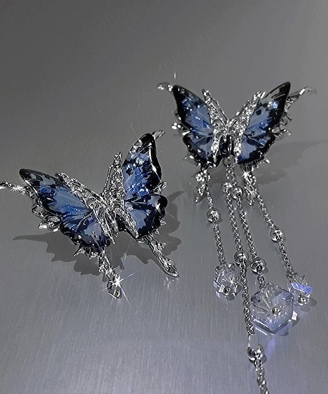 Boucles d'oreilles pendantes asymétriques fantaisie en alliage de cuivre bleu et résine cristalline avec pompon papillon - Street-Wave