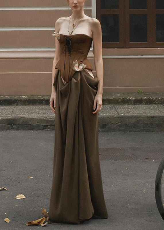 Robe longue de vacances marron fantaisie à épaules dénudées et patchwork pour l'été - Street-Wave