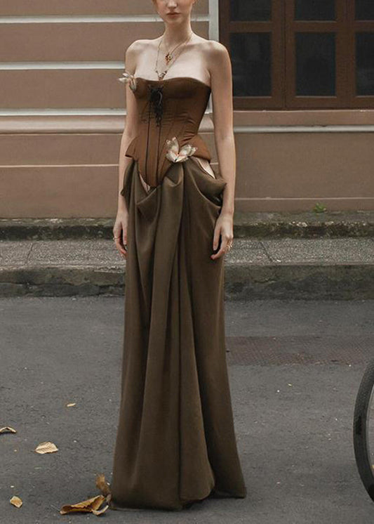 Robe longue de vacances marron fantaisie à épaules dénudées et patchwork pour l'été - Street-Wave
