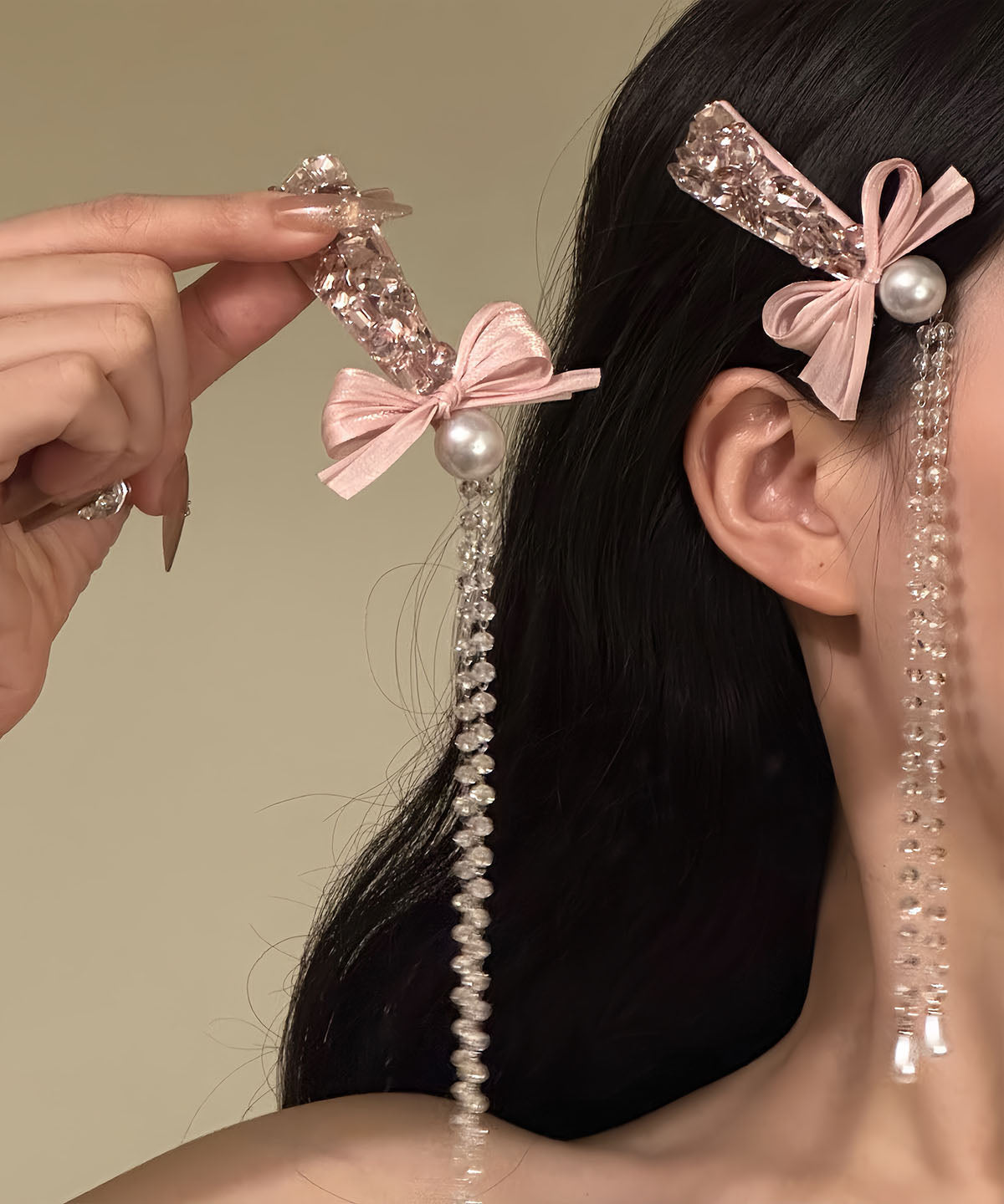 Paire d'épingles à cheveux fantaisie en alliage rose avec nœud et pompon en zircon - Street-Wave