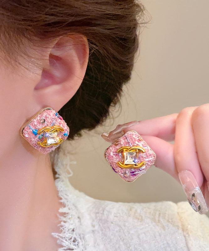 Boucles d'oreilles à tige carrées fantaisie en alliage de zircon rose - Street-Wave