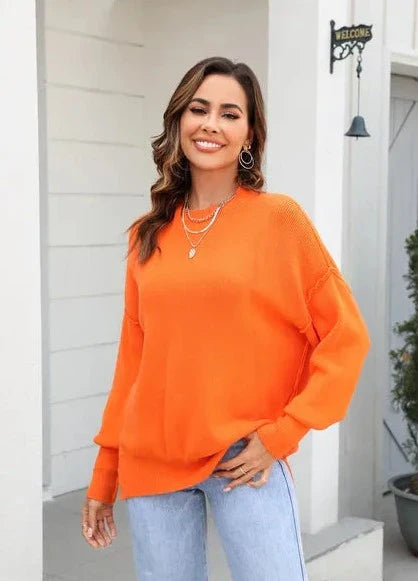 Streetwave Women Knit Sweater Crewneck Orange Soft Cozy Knit Pullover For Everyday Style