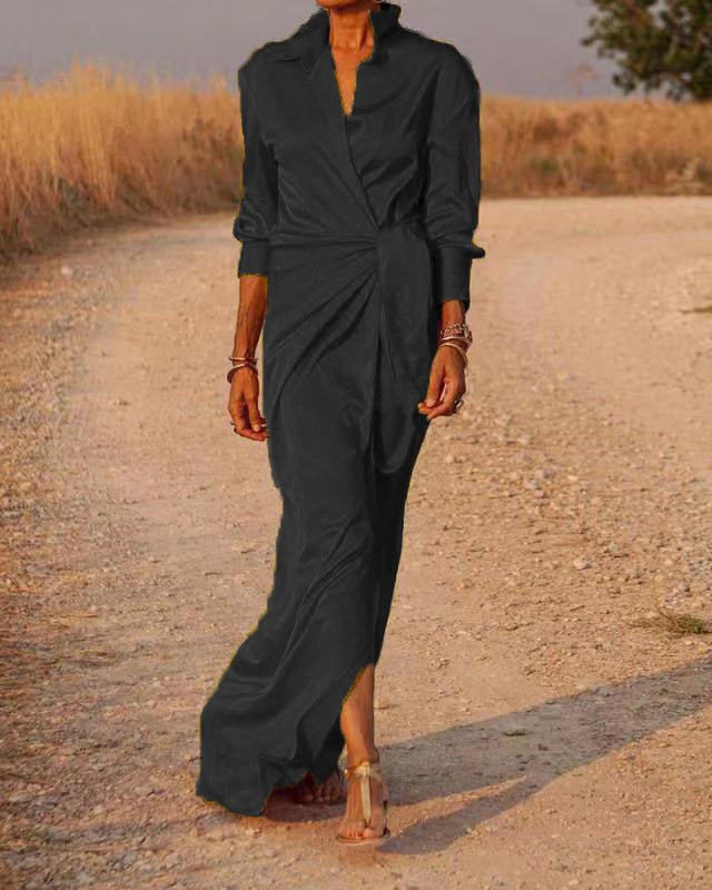 StreetWave Luxurious Satin Wrap Maxi Dress With Versatile Collar And Side Slit For Women