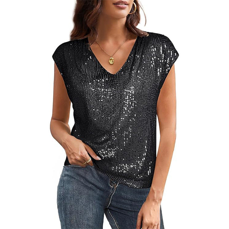 Street-Wave Sequin V-Neck Top For Women Shimmering Party Glam Perfect For Evening Outings And Celebrations