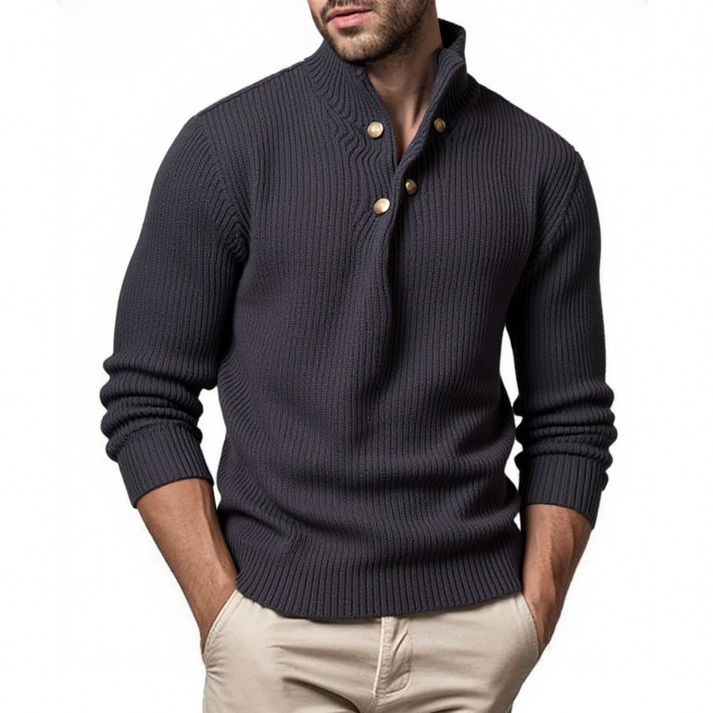 Mens Knit Sweater With Stand Collar And Asymmetric Button Placket Street-wave For Fashionable Men