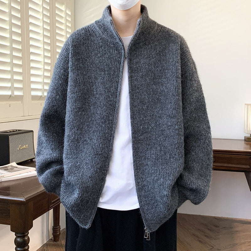 Street-wave Women's Cozy Fluffy Knit Cardigan With High Zip Neck For Modern Comfort